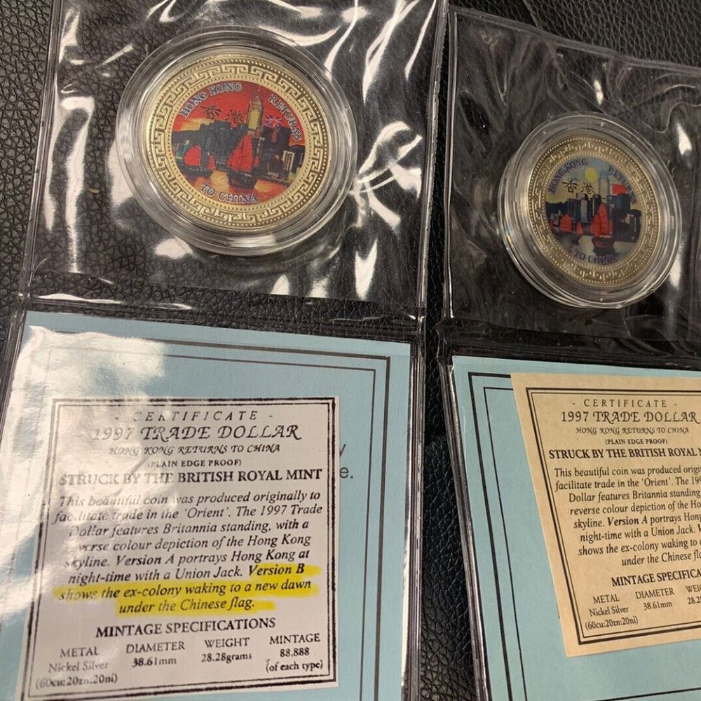 2 Sleeved British Royal Mint 1997 Trade Dollars A & B Versions With COA Lot Set
